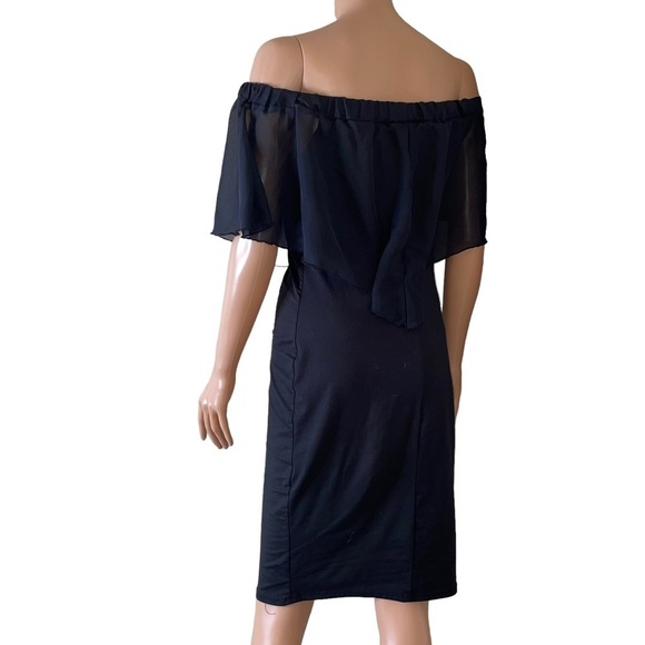 French Atmosphere dress black body con chiffon ruffle top off the shoulder SZ L - Picture 5 of 11